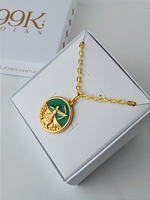 Corrente Oxossi verde - cadeado - banhado a ouro 18k