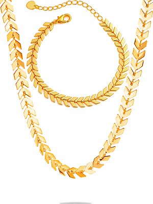 Conjunto escamas - corrente e pulseira - banhado a ouro 18k