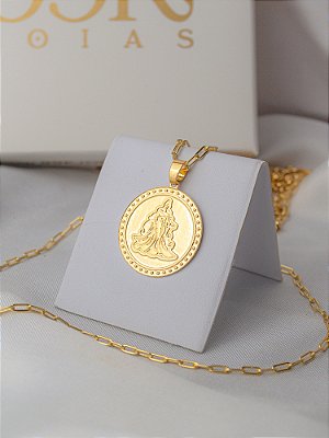 Corrente Iemanjá medalha 3D - elos longos - banhado a ouro 18k