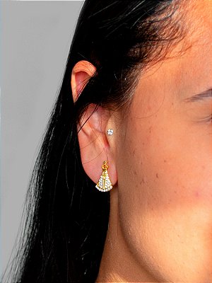 Brinco Nossa Senhora cravejada 1,7 x 1,3 cm