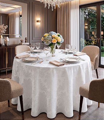 Toalha de Mesa Branca 8 Lugares Redonda Jacquard com Arabesco