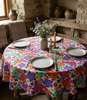 Toalha de Mesa Redonda 4 Lugares Branca Mil Flores