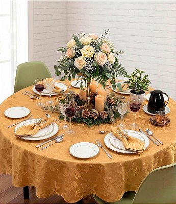 Toalha de Mesa Redonda 6 Lugares Dourada Jacquard