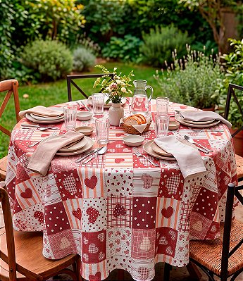 Toalha de Mesa Redonda 8 Lugares Corações Patchwork