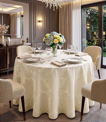 Toalha de Mesa Redonda 8 Lugares Off White Jacquard
