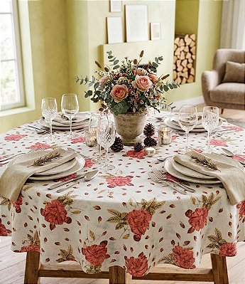 Toalha de Mesa Redonda Sob Medida Branca Floral Piquet
