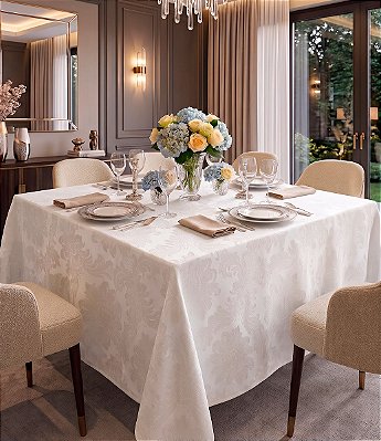 Toalha de Mesa Jacquard Branca Quadrada Arabesco Sob Medida