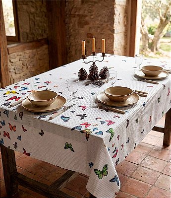 Toalha de Mesa Quadrada 6 Lugares Branca Borboletas
