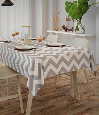 Toalha de Mesa Retangular Zig Zag Branca com Cinza 10 Lugares Sob Medida