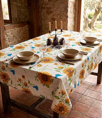 Toalha de Mesa Branca Retangular 10 lugares Flor Amarela
