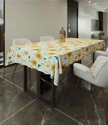 Toalha de Mesa Branca Retangular 10 lugares Flor Amarela