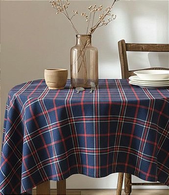 Toalha de Mesa Redonda Xadrez Azul Sob Medida Jacquard