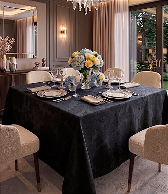 Toalha de Mesa Preta Retangular 8 Lugares Jacquard