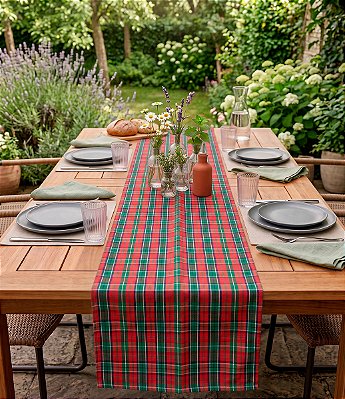Caminho de Mesa Xadrez Vermelho e Verde Jacquard