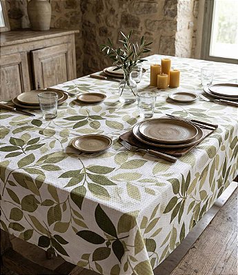 Toalha de Mesa Branca com Folhas Verdes Quadrada Sob Medida