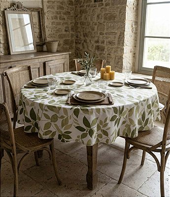 Toalha de Mesa Redonda Sob Medida Branca Folhas Verdes