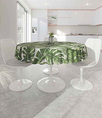 Toalha de Mesa Redonda Sob Medida Branca Folhas Verdes