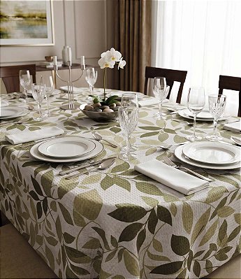 Toalha de Mesa Oval Sob Medida Branca Folhas Verdes