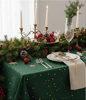 Toalha de Mesa Verde Estrela de Natal Retangular 8 Lugares