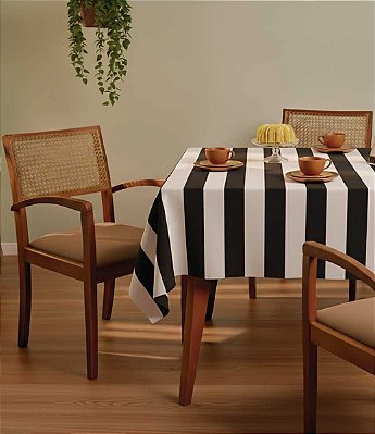 Toalha de Mesa Retangular 8 Lugares Listrada Preto e Branco