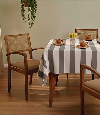 Toalha de Mesa Retangular 6 Lugares Listrada Cinza e Branco