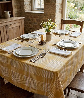 Toalha de Mesa Quadriculada Amarela Quadrada 4 Lugares