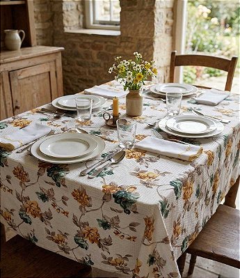 Toalha de Mesa Retangular 10 Lugares Bege Floral Piquet Sob Medida