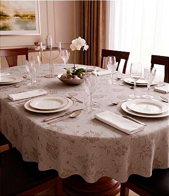 Toalha de Mesa Impermeável Oval Jacquard Bege Flores