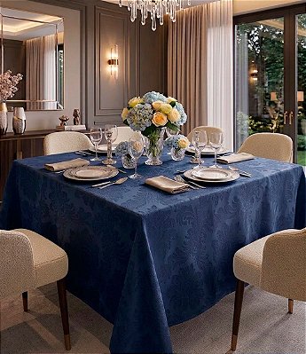 Toalha de Mesa Jacquard Azul Marinho Retangular Sob Medida