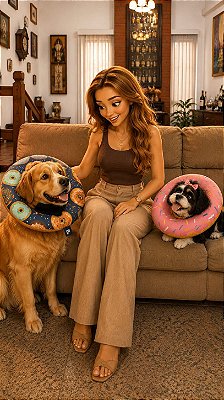 Colar Elizabetano Ajustavel Macio para Cães e Gatos - Cor Azul Donuts