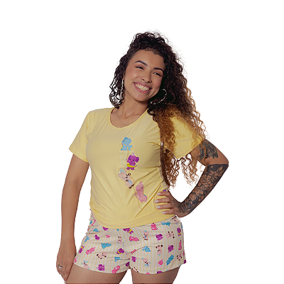 Pijama No Mundo da Lua Adulto Feminino TurmaTube Amarelo - Turmatube