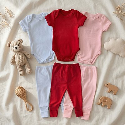 Kit 6 peças Body Manga Curta e Mijão Vira-Pé