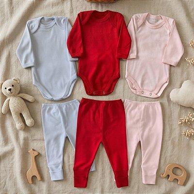 Kit 6 peças Body Manga Longa e Mijão Vira-Pé