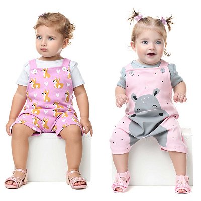 Jardineira com Body Menina Estampado