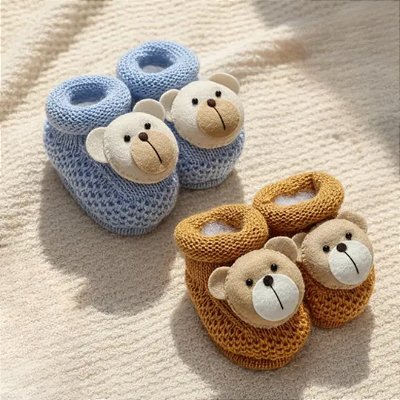 Kit 2 Sapatinhos Bebê de Tricô c/ Aplicação 3D Urso Recém-nascido