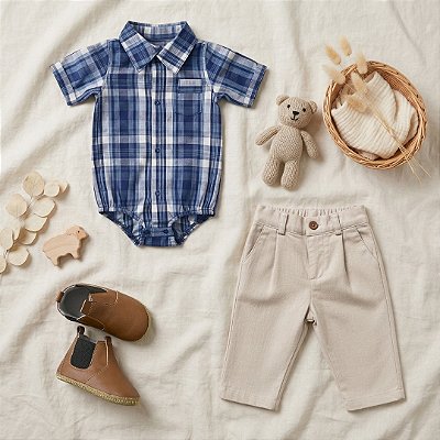 Body Xadrez Manga Curta + Calça Linho + Botina