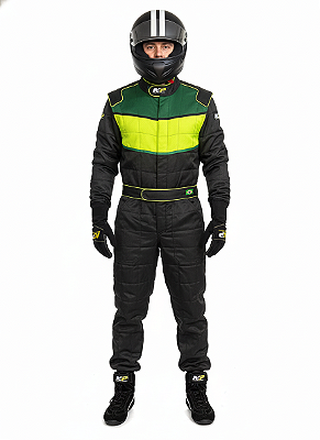 Macacão Acolchoado Modelo UNO - Cor 1: Preto Cor 2: Verde Bandeira Cor 3: Verde Fluor