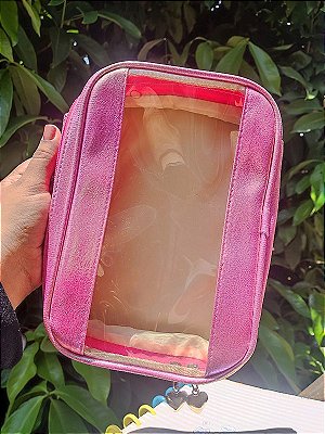 Estojo Box Tipo Maleta Holográfico Rosa - Importado