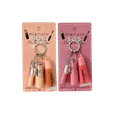 Kit Chaveiro Mini Gloss, Batom e Gel Fixador S.O.S Make Up Mia Make