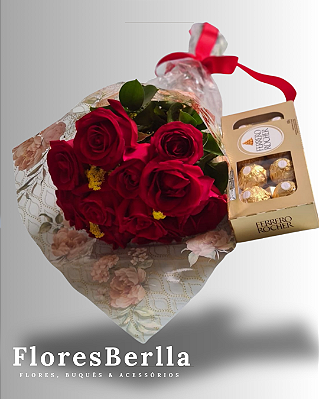 Buquê 12 rosas Vermelhas + Ferrero Rocher