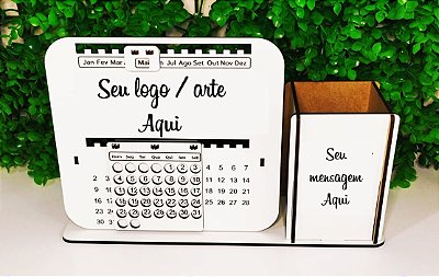 Calendário Permanente com porta canetas personalizado a laser