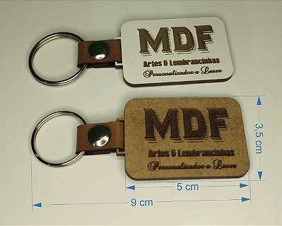 Chaveiro em mdf com detalhe em couro sintetico personalizado a laser