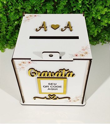 Urna QRCode Pix dos Noivos Gravata e Sapatinho 15x15x15cm
