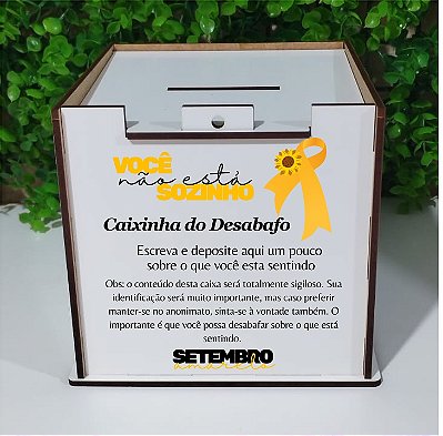 Caixinha do Desabafo Setembro Amarelo, tamanho 12x12x12xm