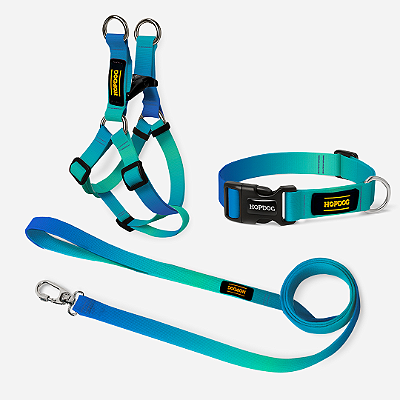KIT Azul e Verde - Peitoral Step In com Guia Slim e Coleira