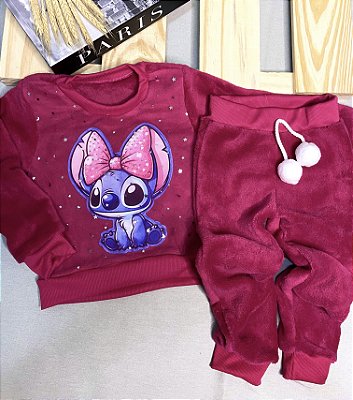 Conjunto Fleece  infantil Inverno Stitch Rosa Peluciado