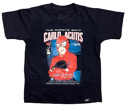 Camiseta Infantil São Carlo Acutis - Super Heroi - Preto