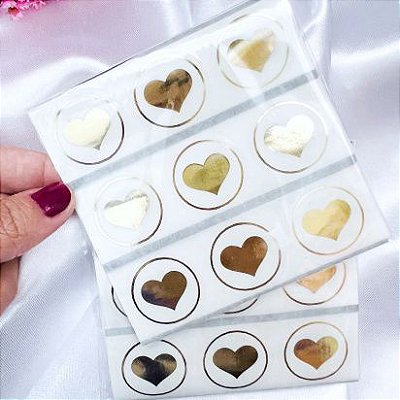 25 Adesivos Transparente de Coração em Dourado para Embalagens