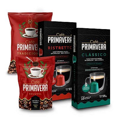 KIT com 1 Caixa Cápsula Clássico + 1 Caixa Cápsula Ristretto + 1 Tradicional 250g + 1 Solúvel