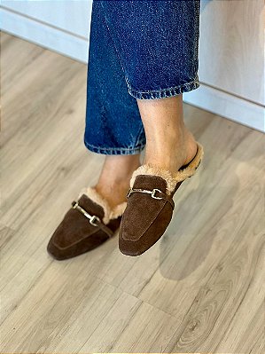 Mule Liz | Couro marrom pelúcia